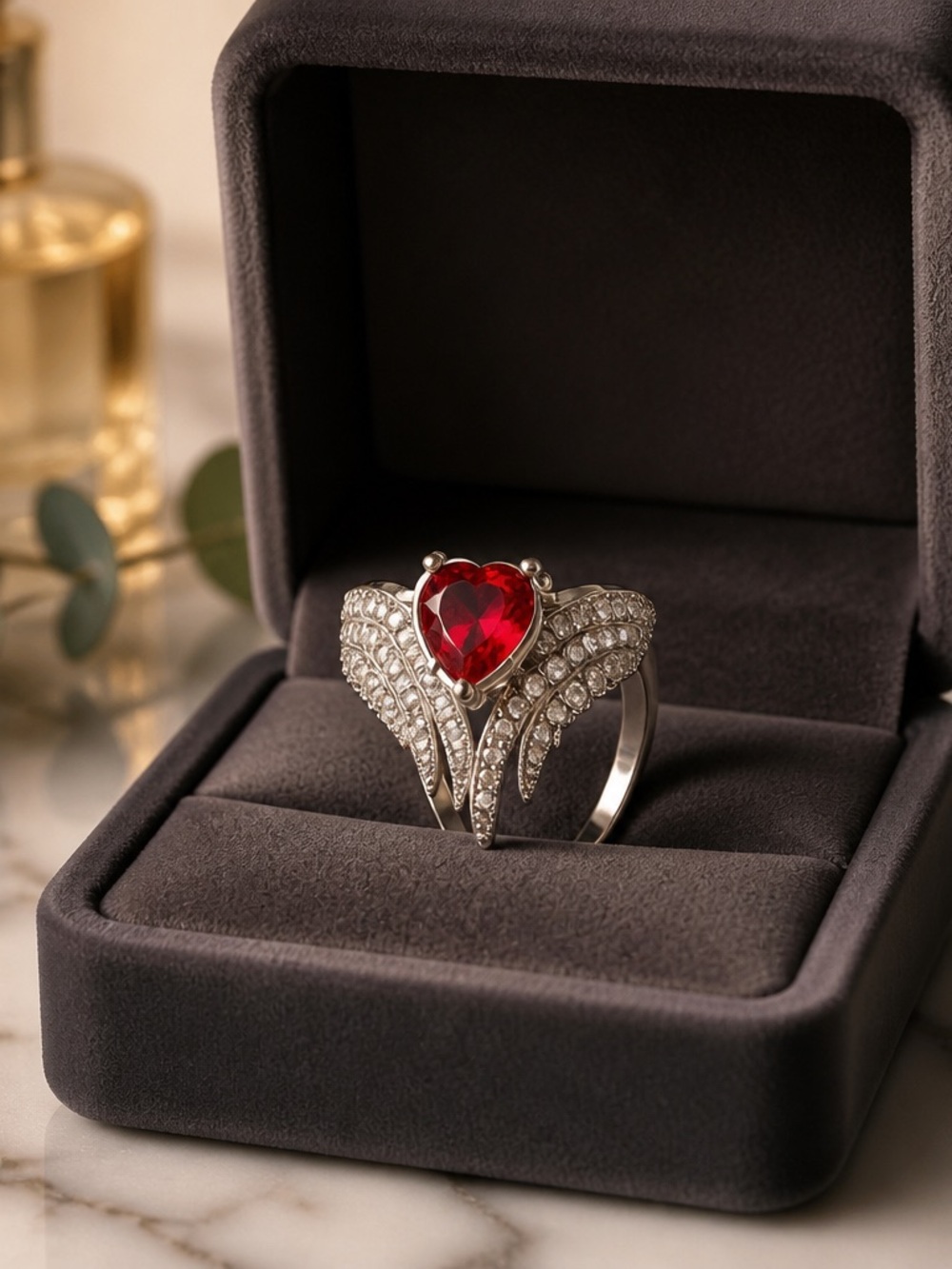 Pear Cut Lab Red Ruby Stone With Wing Style CZ’s Size 8 NEW